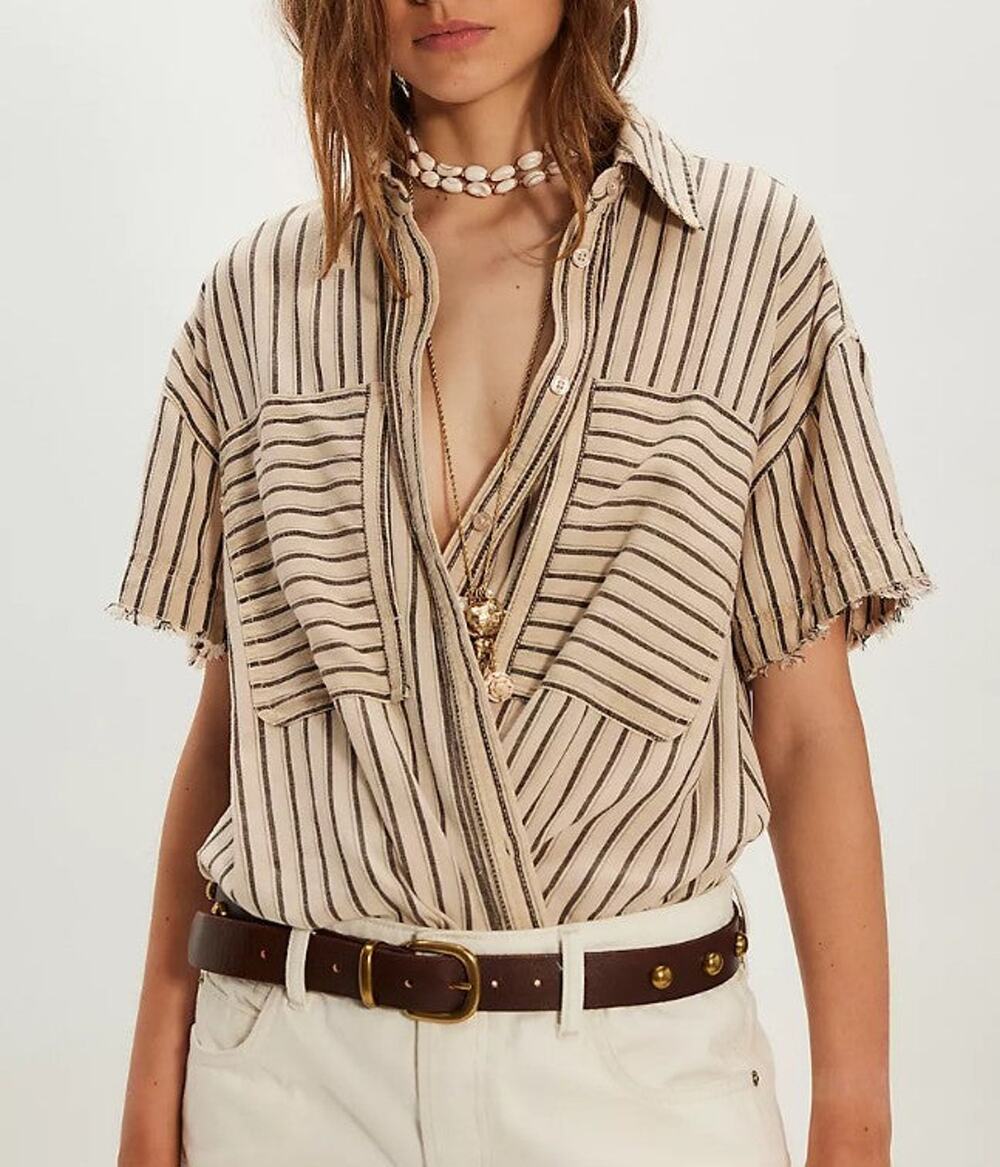 We The Free Christopher Shirt Womens M Cotton Linen Stripe Button Up